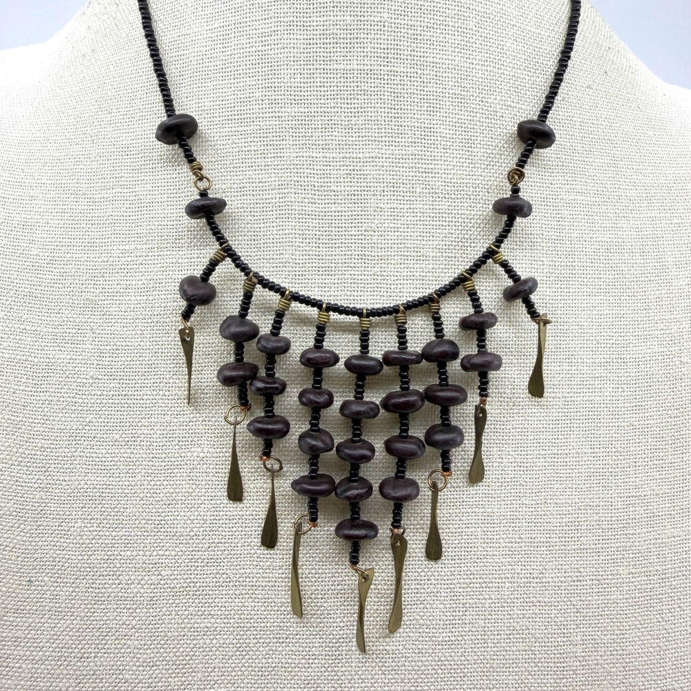 Black Seed Bead Dark Wood Fringe Bib Necklace Brass Tone Paddle Dangles Boho